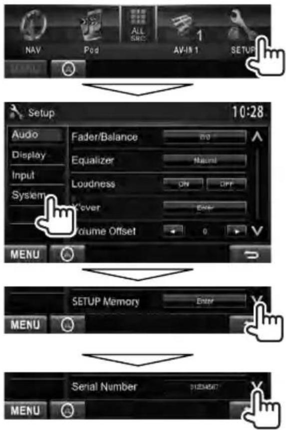 NAV Pod ALL SRC AV-18 1 SETUP Setup 10:28 Audio Fader/Balance BND Display Equalizer Normal Input Loudness ON OFF System Cover Volume Offset 0 MENU SETUP Memory Enter MENU Serial Number 012345677 MENU