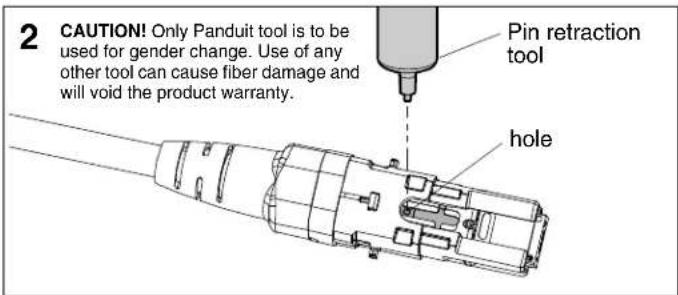 2 CAUTION! Only Panduit tool is to be used for gender change. Use of any other tool can cause fiber damage and will void the product warranty. Pin retraction tool hole