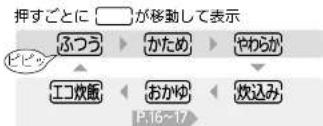 押すごとに □が移動して表示 ふつう ▶ かため ▶ やわらか エコ炊飯 ◀ おかゆ ◀ 炊込み P.16~17