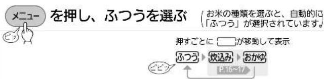 メニュー を押し、ふつうを選ぶ（お米の種類を選ぶと、自動的に「ふつう」が選択されています） 押すごとに □が移動して表示 ふつう 欢込み おかゆ P16~17