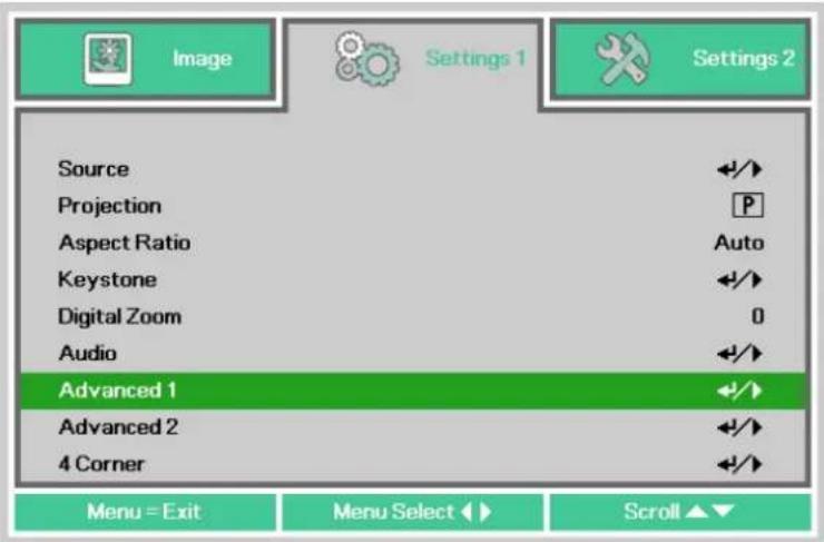 Image Settings 1 Settings 2 Source Projection Aspect Ratio Keystone Digital Zoom Audio Advanced 1 Advanced 2 4 Corner Menu = Exit Menu Select ▶ Scroll ▲▼