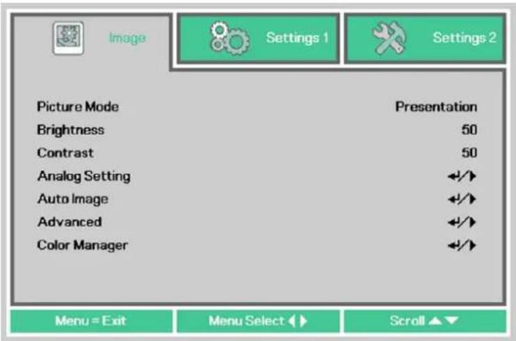 Image Settings 1 Settings 2 Picture Mode Presentation Brightness 50 Contrast 50 Analog Setting +/+ Auto Image +/+ Advanced +/+ Color Manager +/+ Menu = Exit Menu Select ▶▶ Scroll ▲▼