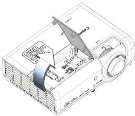 Technical diagram of a projector with labeled components and internal structure