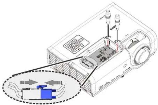 Technical diagram of a projector with labeled components and internal wiring, showing connections to a device with a highlighted internal component.