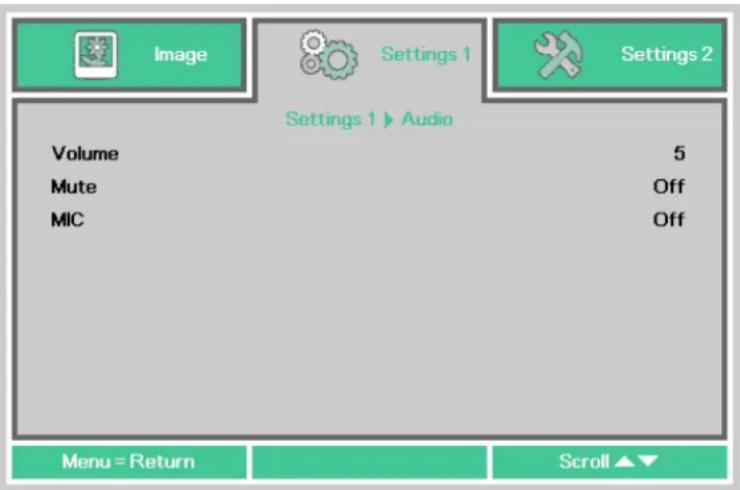 Image Settings 1 Settings 2 Settings 1 ▶ Audio Volume 5 Mute Off MIC Off Menu = Return Scroll ▲▼