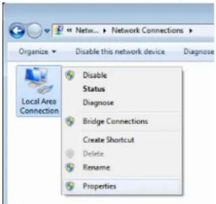 Local Area Connection Disable this network device Status Diagnose Bridge Connections Create Shortcut Delete Rename Properties