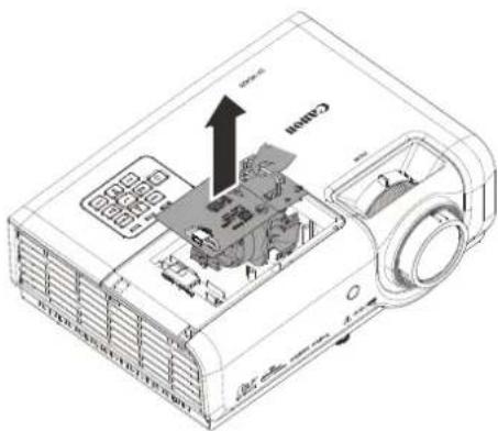 Technical diagram of a projector with labeled components and directional arrow indicating flow or movement