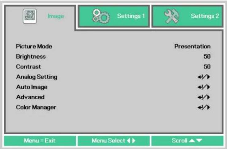 Image Settings 1 Settings 2 Picture Mode Presentation Brightness 50 Contrast 50 Analog Setting +/+ Auto Image +/+ Advanced +/+ Color Manager +/+ Menu = Exit Menu Select ▶▶ Scroll ▲▼
