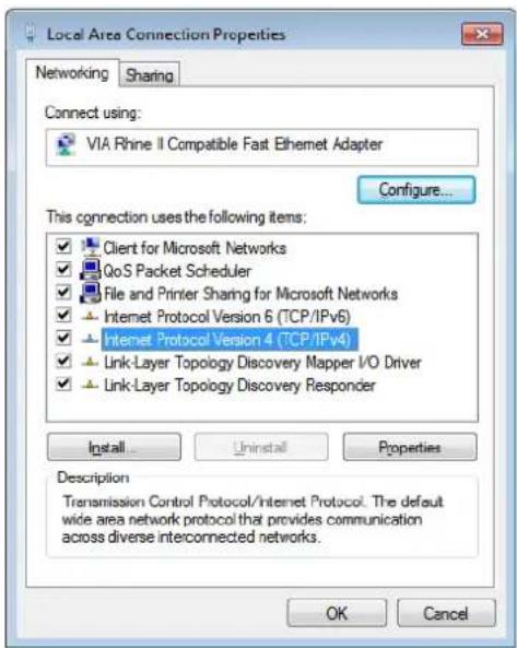 Local Area Connection Properties Networking Sharing Connect using: VIA Rhine II Compatible Fast Ethernet Adapter Configure... This connection uses the following items: ✓ Client for Microsoft Networks ✓ QoS Packet Scheduler ✓ File and Printer Sharing for Microsoft Networks ✓ Internet Protocol Version 6 (TCP/IPv6) ✓ Internet Protocol Version 4 (TCP/IPv4) ✓ Link-Layer Topology Discovery Mapper I/O Driver ✓ Link-Layer Topology Discovery Responder Install... Uninstall Properties Description Transmission Control Protocol/Internet Protocol. The default wide area network protocol that provides communication across diverse interconnected networks. OK Cancel