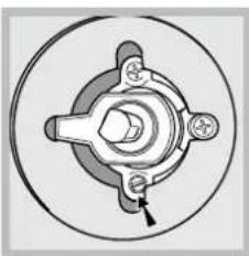 Mechanical component diagram showing a central hub with four surrounding components and a small arrow pointing to a specific part, with no text or labels.