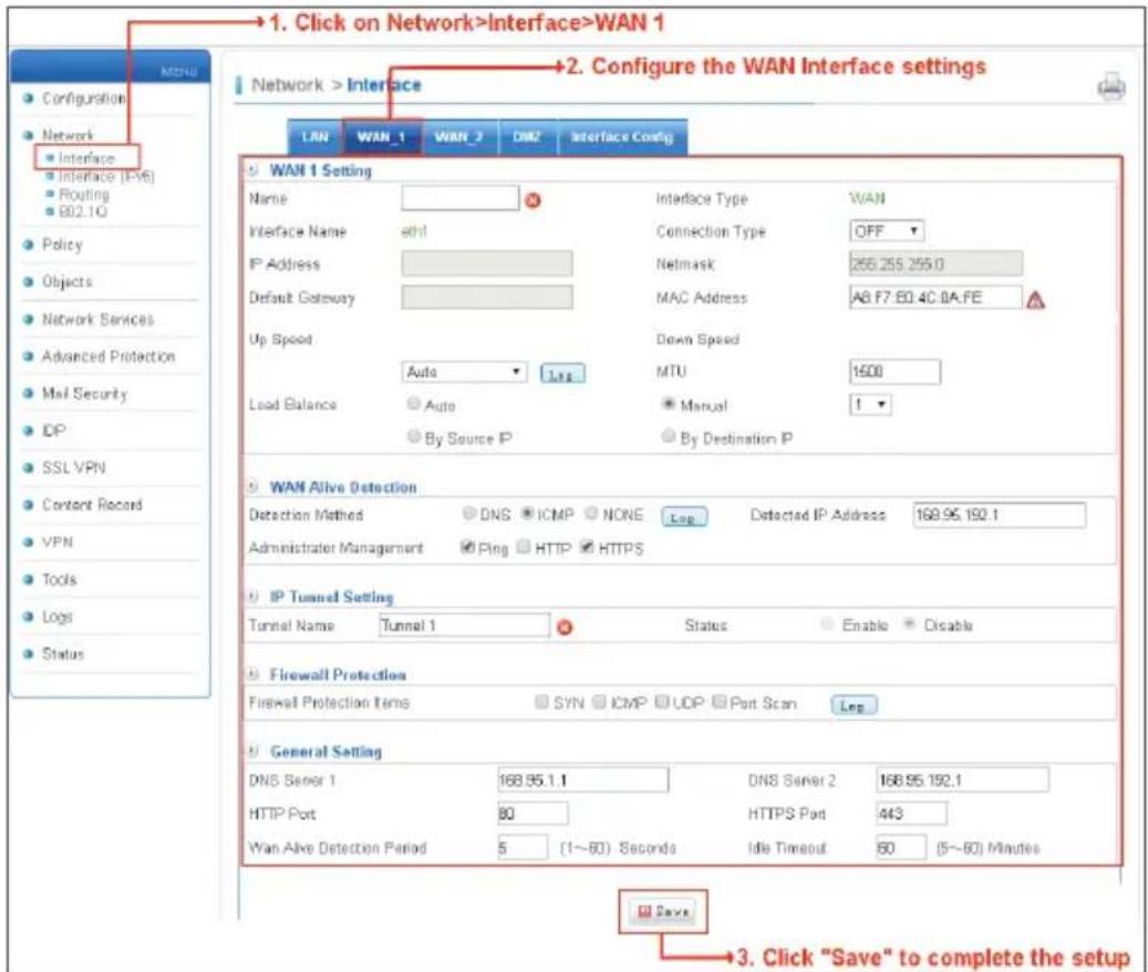 1. Click on Network>Interface>WAN 1 2. Configure the WAN Interface settings Network > Interface LAN WAN_1 WAN_2 DNS Interface Config WAN 1 Setting Name Interface Name andl IP Address Default Gateway Up Speed Auto Log Load Balance Auto By Source IP Interface Type WAN Connection Type OFF Netmask 255.255.255.0 MAC Address A8.F7:80.4C:0A.FE Down Speed MTU 1500 Manual 1 By Destination IP WAN Alive Detection Detection Method DNS ICMP NONE Log Detected IP Address 168.95.192.1 Administrator Management Ping HTTP HTTPS IP Tunnel Setting Tunnel Name Tunnel 1 Status Enable Disable Firewall Protection Firewall Protection Items SYN ICMP UDP Port Scan Leg General Setting DNS Server 1 168.95.1.1 DNS Server 2 168.95.192.1 HTTP Port 80 HTTPS Port 443 Wan Alive Detection Period 5 (1~80) Seconds Idle Timeout 60 (5~60) Minutes Save 3. Click "Save" to complete the setup