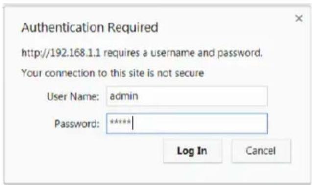 Authentication Required http://192.168.1.1 requires a username and password. Your connection to this site is not secure User Name: admin Password: ***** Log In Cancel