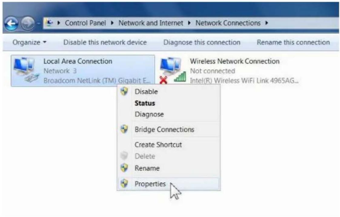 Control Panel ▶ Network and Internet ▶ Network Connections ▶ Organize ▶ Disable this network device Diagnose this connection Rename this connection Local Area Connection Network 3 Broadcom NetLink (TM) Gigabit E... Wireless Network Connection Not connected Intel(R) Wireless WiFi Link 4965AG... Disable Status Diagnose Bridge Connections Create Shortcut Delete Rename Properties