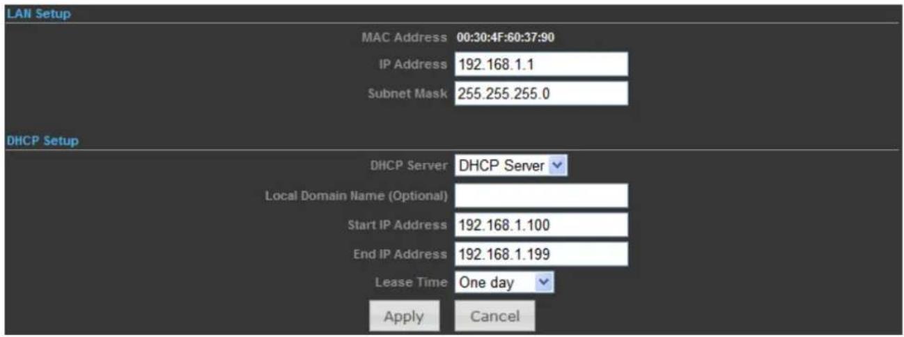 LAN Setup MAC Address 00:30:4F:60:37:90 IP Address 192.168.1.1 Subnet Mask 255.255.255.0 DHCP Setup DHCP Server DHCP Server Local Domain Name (Optional) Start IP Address 192.168.1.100 End IP Address 192.168.1.199 Lease Time One day Apply Cancel