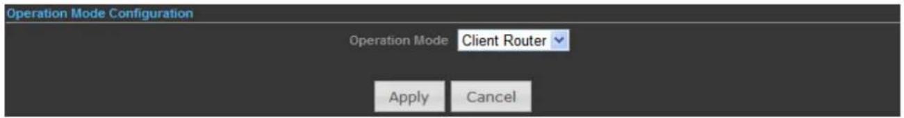 Operation Mode Configuration Operation Mode Client Router Apply Cancel