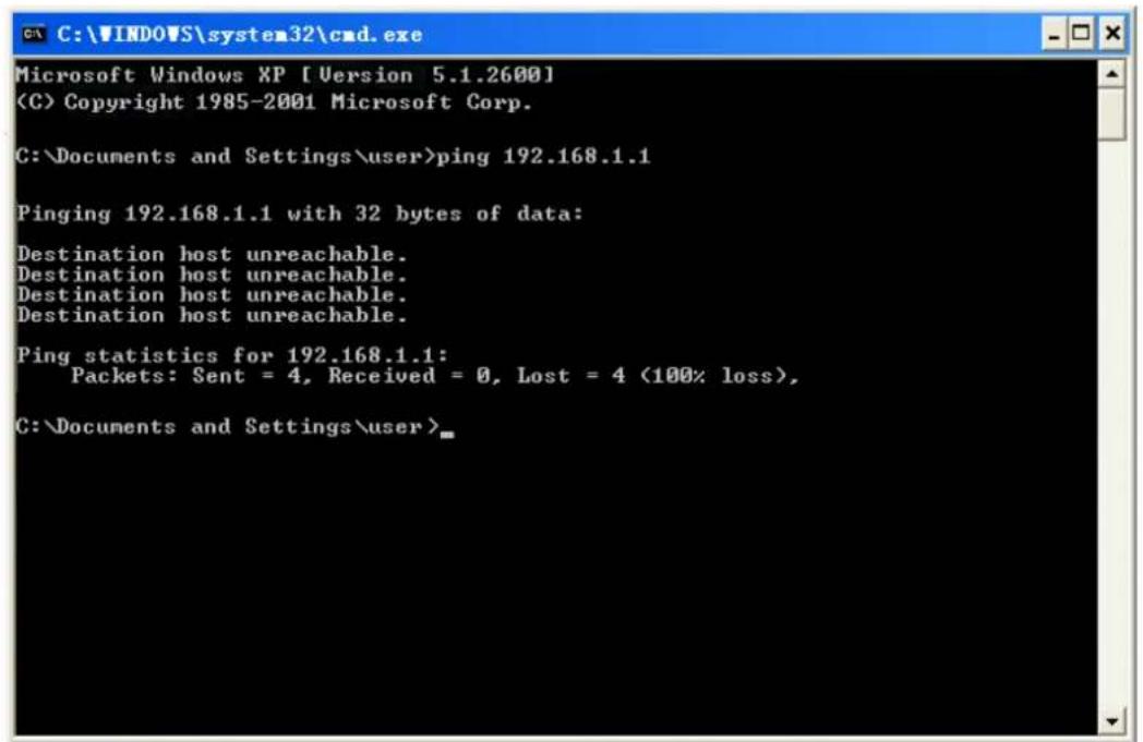 C:\WINDOWS\system32\cmd.exe Microsoft Windows XP [Version 5.1.2600] (C) Copyright 1985-2001 Microsoft Corp. C:\Documents and Settings\user>ping 192.168.1.1 Pinging 192.168.1.1 with 32 bytes of data: Destination host unreachable. Destination host unreachable. Destination host unreachable. Destination host unreachable. Ping statistics for 192.168.1.1: Packets: Sent = 4, Received = 0, Lost = 4 (100% loss), C:\Documents and Settings\user>