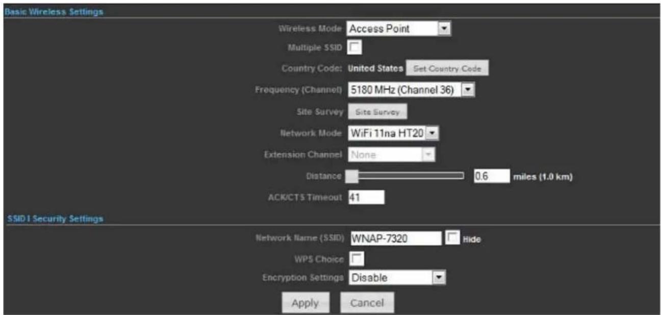 Basic Wireless Settings Wireless Mode Access Point Multiple SSID Country Code: United States Set Country Code Frequency (Channel) 5180 MHz (Channel 36) Site Survey Site Survey Network Mode WiFi 11na HT20 Extension Channel None Distance 0.6 miles (1.0 km) ACK/CTS Timeout 41 SSID I Security Settings Network Name (SSID) WNAP-7320 Hide WPS Choice Encryption Settings Disable Apply Cancel