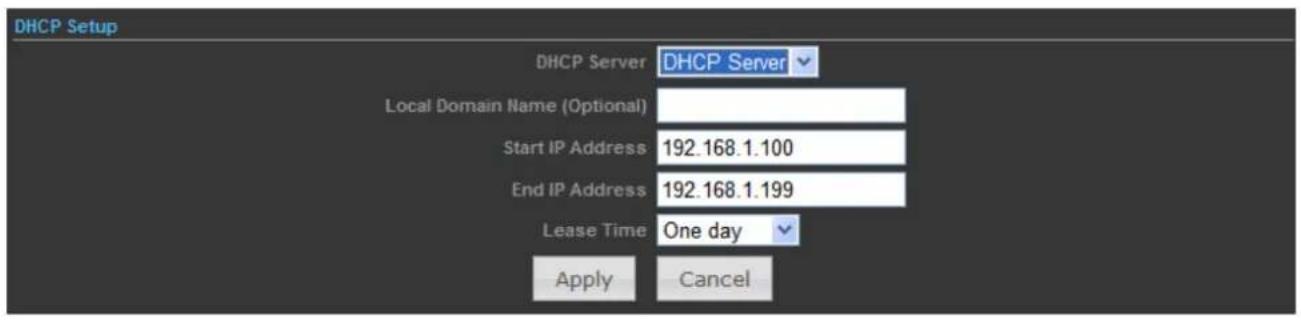 DHCP Setup DHCP Server DHCP Server Local Domain Name (Optional) Start IP Address 192.168.1.100 End IP Address 192.168.1.199 Lease Time One day Apply Cancel