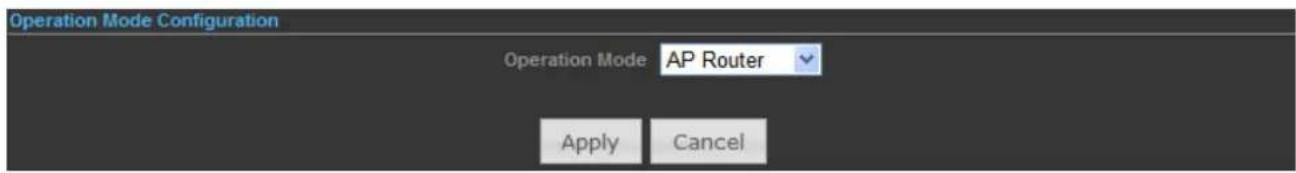 Operation Mode Configuration Operation Mode AP Router Apply Cancel