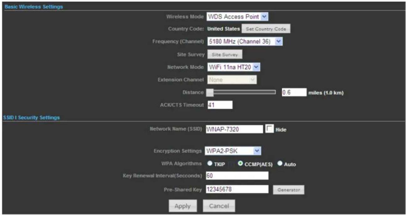 Basic Wireless Settings Wireless Mode WDS Access Point Country Code: United States Set Country Code Frequency (Channel) 5180 MHz (Channel 36) Site Survey Site Survey Network Mode WiFi 11na HT20 Extension Channel None Distance 0.6 miles (1.0 km) ACK/CTS Timeout 41 SSID I Security Settings Network Name (SSID) WNAP-7320 Hide Encryption Settings WPA2-PSK WPA Algorithms TKIP CCMP(AES) Auto Key Renewal Interval(Seconds) 60 Pre-Shared Key 12345678 Generator Apply Cancel