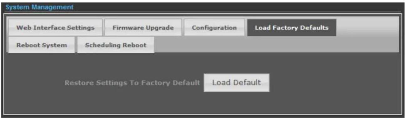 System Management Web Interface Settings Firmware Upgrade ConfigurationLoad Factory Defaults Reboot System Scheduling Reboot Restore Settings To Factory DefaultLoad Default