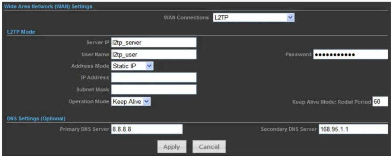 Wide Area Network (WAN) Settings WAN Connections L2TP L2TP Mode Server IP I2tp_server User Name I2tp_user Address Mode Static IP IP Address Subnet Mask Operation Mode Keep Alive Password •••••••••••••• Keep Alive Mode: Redial Period 60 DNS Settings (Optional) Primary DNS Server 8.8.8.8 Secondary DNS Server 168.95.1.1 Apply Cancel