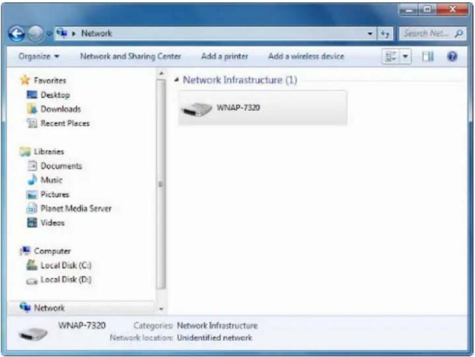 Network Organize Network and Sharing Center Add a printer Add a wireless device Favorites Desktop Downloads Recent Places Libraries Documents Music Pictures Planet Media Server Videos Computer Local Disk (C:) Local Disk (D:) Network Network Infrastructure (1) WNAP-7320 WNAP-7320 Categories: Network Infrastructure Network location: Unidentified network