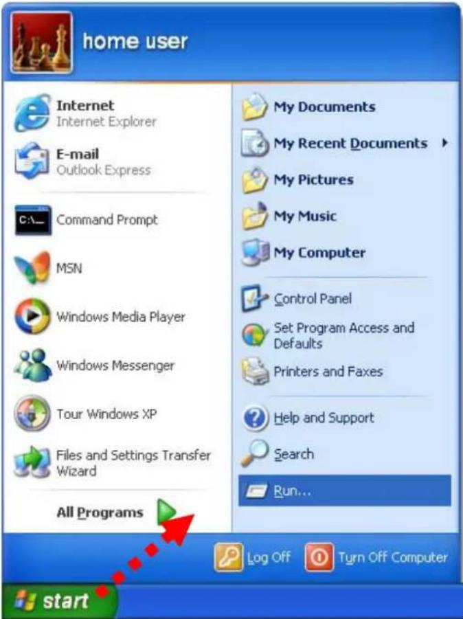 home user Internet Internet Explorer E-mail Outlook Express Command Prompt MSN Windows Media Player Windows Messenger Tour Windows XP Files and Settings Transfer Wizard All Programs My Documents My Recent Documents My Pictures My Music My Computer Control Panel Set Program Access and Defaults Printers and Faxes Help and Support Search Run... Log Off Turn Off Computer start