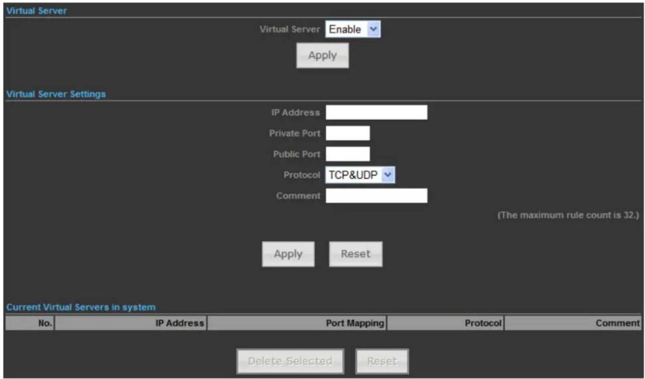 Virtual Server Virtual Server Enable Apply Virtual Server Settings IP Address Private Port Public Port Protocol TCP&UDP Comment (The maximum rule count is 32.) Apply Reset Current Virtual Servers in system No. IP Address Port Mapping Protocol Comment Delete Selected Reset