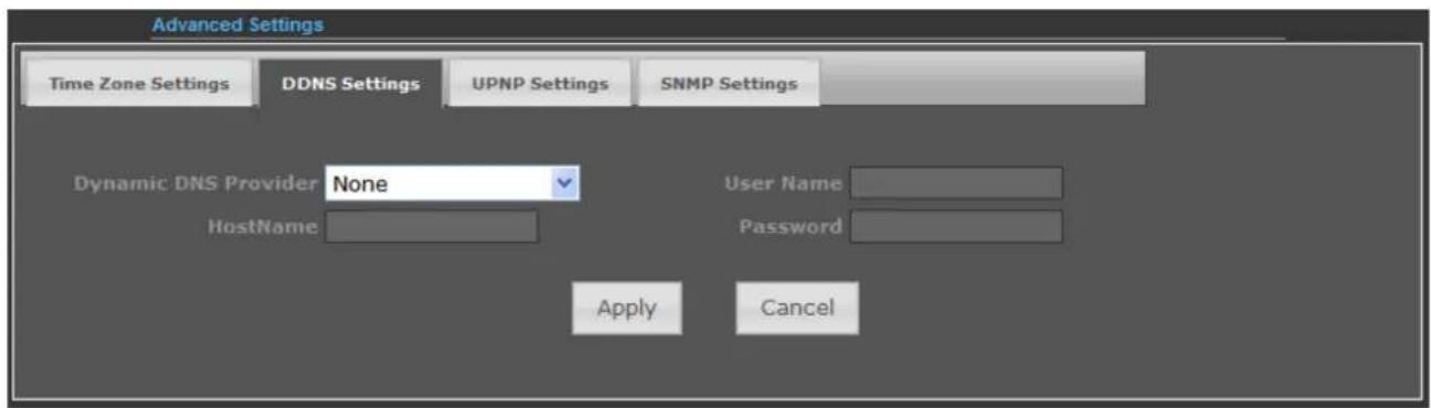 Advanced Settings Time Zone Settings DDNS Settings UPNP Settings SNMP Settings Dynamic DNS Provider None User Name HostName Password Apply Cancel