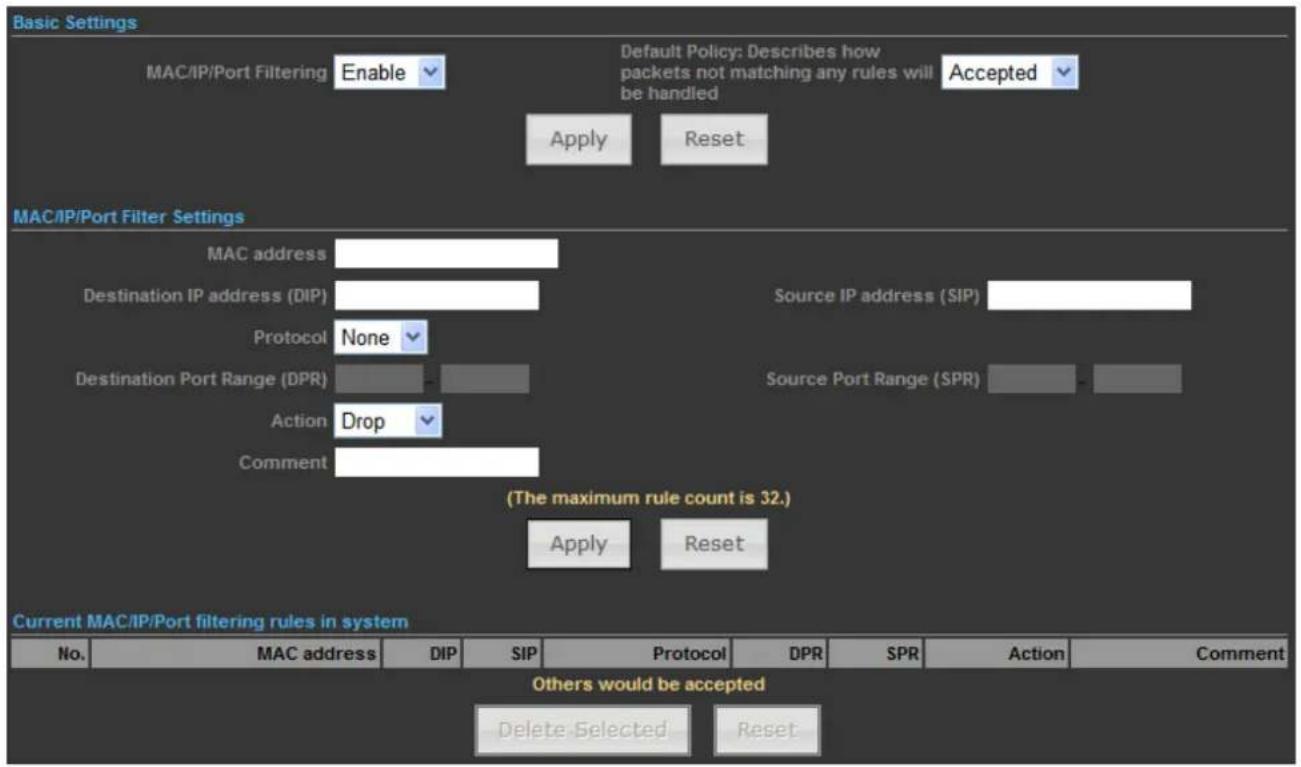 Basic Settings MAC/IP/Port Filtering Enable Default Policy: Describes how packets not matching any rules will be handled Accepted Apply Reset MAC/IP/Port Filter Settings MAC address Destination IP address (DIP) Protocol None Destination Port Range (DPR) Action Drop Comment Source IP address (SIP) Source Port Range (SPR) (The maximum rule count is 32.) Apply Reset Current MAC/IP/Port filtering rules in system No. MAC address DIP SIP Protocol DPR SPR Action Comment Others would be accepted Delete Selected Reset