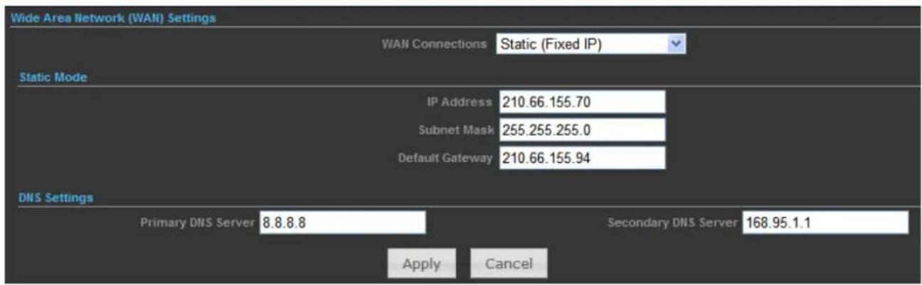 Wide Area Network (WAN) Settings WAN Connections Static (Fixed IP) Static Mode IP Address 210.66.155.70 Subnet Mask 255.255.255.0 Default Gateway 210.66.155.94 DNS Settings Primary DNS Server 8.8.8.8 Secondary DNS Server 168.95.1.1 Apply Cancel
