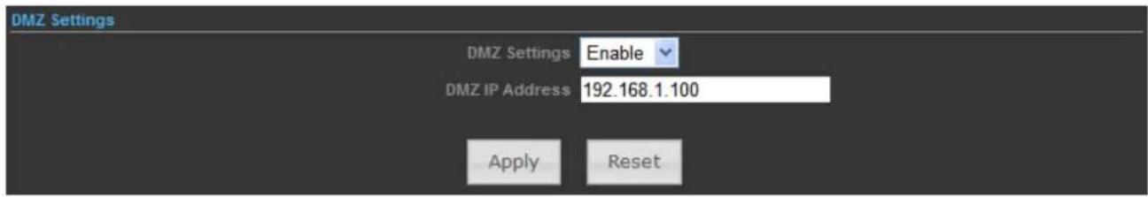 DMZ Settings DMZ Settings Enable DMZ IP Address 192.168.1.100 Apply Reset