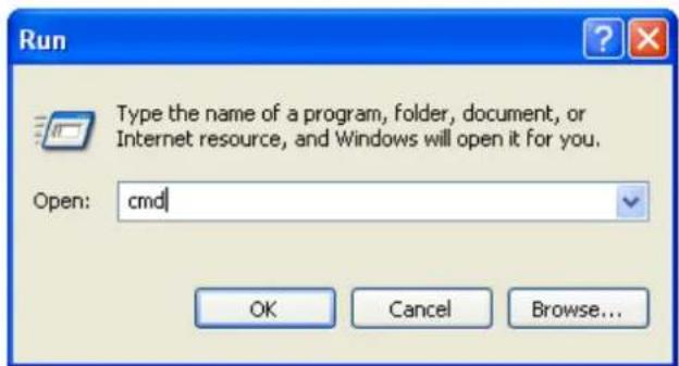 Run Type the name of a program, folder, document, or Internet resource, and Windows will open it for you. Open: cmd OK Cancel Browse...