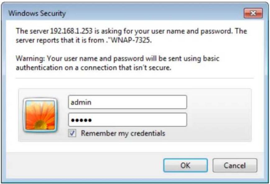 Windows Security The server 192.168.1.253 is asking for your user name and password. The server reports that it is from . "WNAP-7325. Warning: Your user name and password will be sent using basic authentication on a connection that isn't secure. admin ...... Remember my credentials OK Cancel