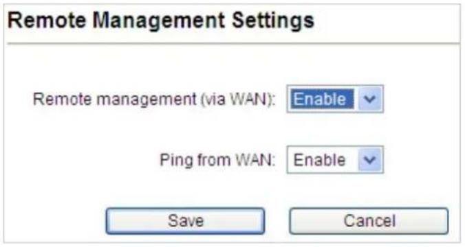 Remote Management Settings Remote management (via WAN): Enable Ping from WAN: Enable Save Cancel