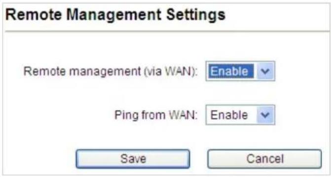 Remote Management Settings Remote management (via WAN): Enable Ping from WAN: Enable Save Cancel