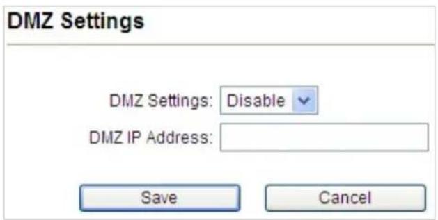 DMZ Settings DMZ Settings: Disable DMZ IP Address: Save Cancel