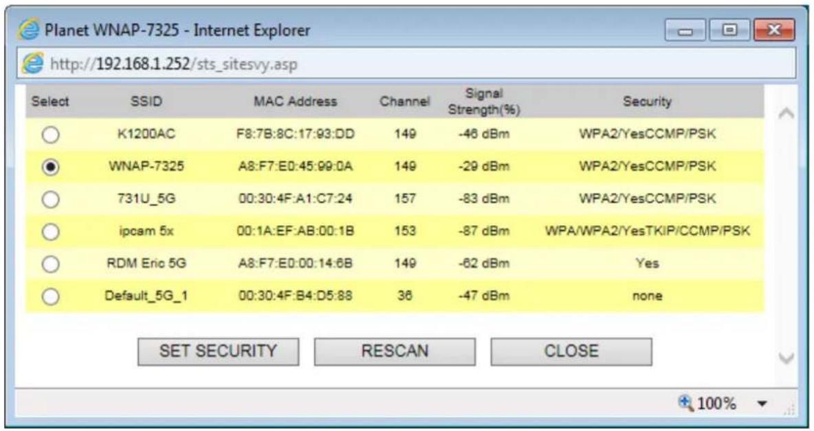 Planet WNAP-7325 - Internet Explorer http://192.168.1.252/sts_sitesvy.asp Select SSID MAC Address Channel Signal Strength(%) Security ○ K1200AC F8:7B:8C:17:93:DD 149 -46 dBm WPA2/YesCCMP/PSK ● WNAP-7325 A8:F7:E0:45:99:0A 149 -29 dBm WPA2/YesCCMP/PSK ○ 731U_5G 00:30:4F:A1:C7:24 157 -83 dBm WPA2/YesCCMP/PSK ○ ipcam 5x 00:1A:EF:AB:00:1B 153 -87 dBm WPA/WPA2/YesTKIP/CCMP/PSK ○ RDM Eric 5G A8:F7:E0:00:14:6B 149 -62 dBm Yes ○ Default_5G_1 00:30:4F:B4:D5:88 36 -47 dBm none SET SECURITY RESCAN CLOSE +100%