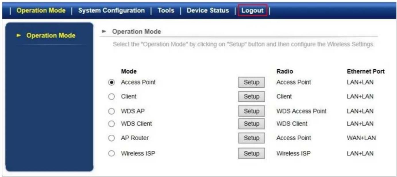Operation Mode | System Configuration | Tools | Device Status | Logout | ▶ Operation Mode ▶ Operation Mode Select the "Operation Mode" by clicking on "Setup" button and then configure the Wireless Settings. Mode Access Point Client WDS AP WDS Client AP Router Wireless ISP Radio Access Point Client WDS Access Point WDS Client Access Point Wireless ISP Ethernet Port LAN+LAN LAN+LAN LAN+LAN WAN+LAN LAN+LAN