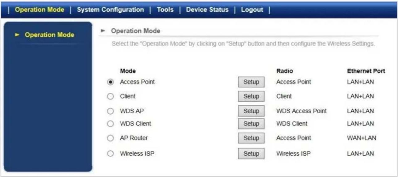 Operation Mode | System Configuration | Tools | Device Status | Logout | ▶ Operation Mode ▶ Operation Mode Select the "Operation Mode" by clicking on "Setup" button and then configure the Wireless Settings. Mode Access Point Client WDS AP WDS Client AP Router Wireless ISP Setup Radio Access Point Client WDS Access Point WDS Client Setup Access Point Wireless ISP Ethernet Port LAN+LAN LAN+LAN LAN+LAN WAN+LAN LAN+LAN