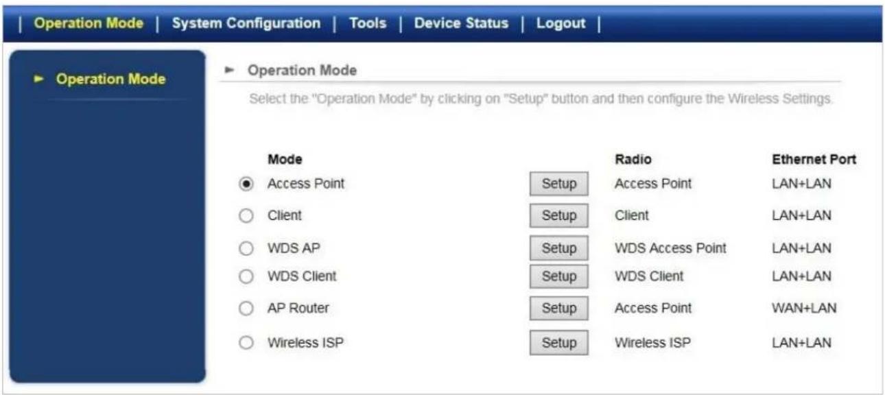 Operation Mode | System Configuration | Tools | Device Status | Logout | ▶ Operation Mode ▶ Operation Mode Select the "Operation Mode" by clicking on "Setup" button and then configure the Wireless Settings. Mode Access Point Client WDS AP WDS Client AP Router Wireless ISP Setup Radio Access Point Client WDS Access Point WDS Client Setup Access Point Wireless ISP Ethernet Port LAN+LAN LAN+LAN LAN+LAN LAN+LAN WAN+LAN LAN+LAN