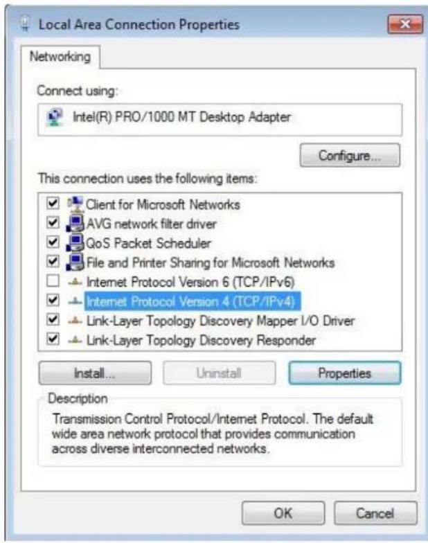 Local Area Connection Properties Networking Connect using: Intel(R) PRO/1000 MT Desktop Adapter Configure... This connection uses the following items: ✓ Client for Microsoft Networks ✓ AVG network filter driver ✓ QoS Packet Scheduler ✓ File and Printer Sharing for Microsoft Networks □ Internet Protocol Version 6 (TCP/IPv6) ✓ Internet Protocol Version 4 (TCP/IPv4) ✓ Link-Layer Topology Discovery Mapper I/O Driver ✓ Link-Layer Topology Discovery Responder Install... Uninstall Properties Description Transmission Control Protocol/Internet Protocol. The default wide area network protocol that provides communication across diverse interconnected networks. OK Cancel