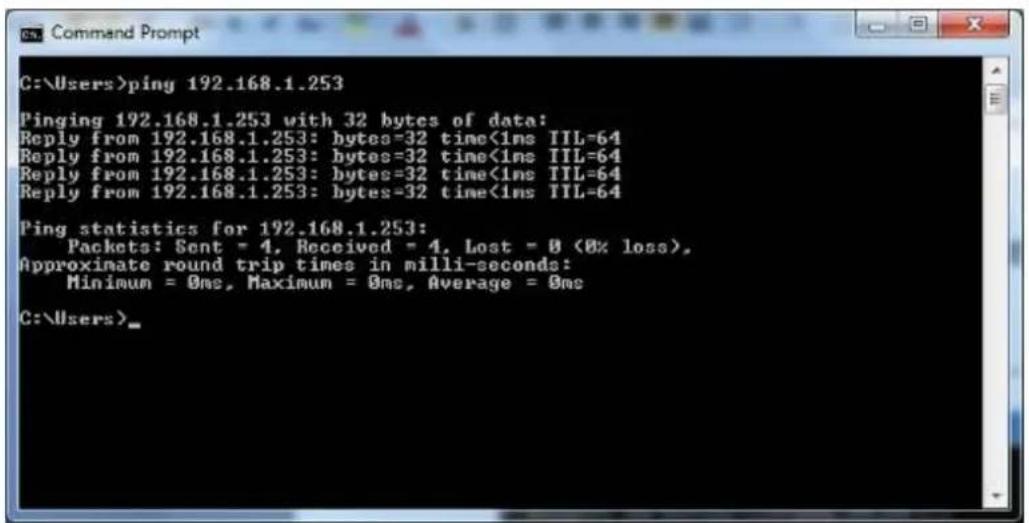 C:\Users>ping 192.168.1.253 Pinging 192.168.1.253 with 32 bytes of data: Reply from 192.168.1.253: bytes=32 time<1ms TTL=64 Reply from 192.168.1.253: bytes=32 time<1ms TTL=64 Reply from 192.168.1.253: bytes=32 time<1ms TTL=64 Reply from 192.168.1.253: bytes=32 time<1ms TTL=64 Ping statistics for 192.168.1.253: Packets: Sent = 4, Received = 4, Lost = 0 (0% loss), Approximate round trip times in milli-seconds: Minimum = 0ms, Maximum = 0ms, Average = 0ms C:\Users>