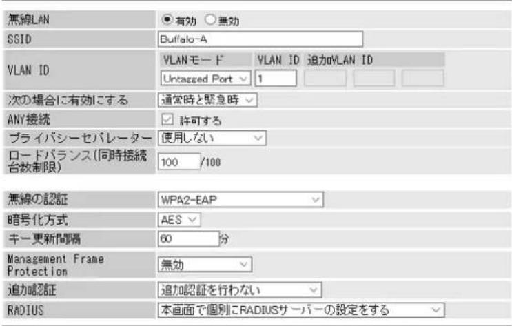 無線LAN SSID Buffalo-A VLAN ID VLANモード VLAN ID 追加VLAN ID Untagged Port 1 次の場合に有効にする 通常時と緊急時 ANY接続 許可する プライバシーセバレーター 使用しない ロードバランス(同時接続台数制限) 100 /100 無線の認証 WPA2-EAP 暗号化方式 AES キー更新間隔 60 分 Management Frame Protection 無効 追加認証を行わない RADIUS 本画面で個別にRADIUSサーバーの設定をする