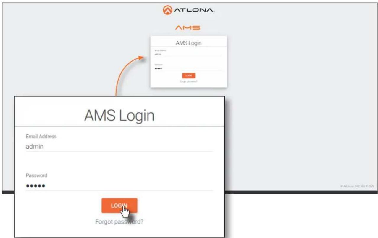 ATLONA AMS AMS Login Email Address admin Password Login Forgot password? AMS Login IP Address: 142.168.11.209 FORGOT PASSWORD?