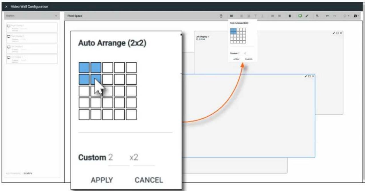 Video Wall Configuration Pixel Space Auto Arrange (2x2) Custom 2 x2 APPLY CANCEL Left Display 1 10.1.6.04 Auto Arrange (2x2) Custom ? APPLY CANCEL