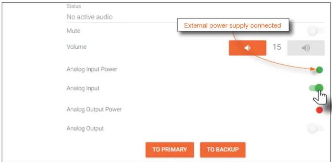 Status No active audio Mute Volume External power supply connected 15 Analog Input Power Analog Input Analog Output Power Analog Output TO PRIMARY TO BACKUP