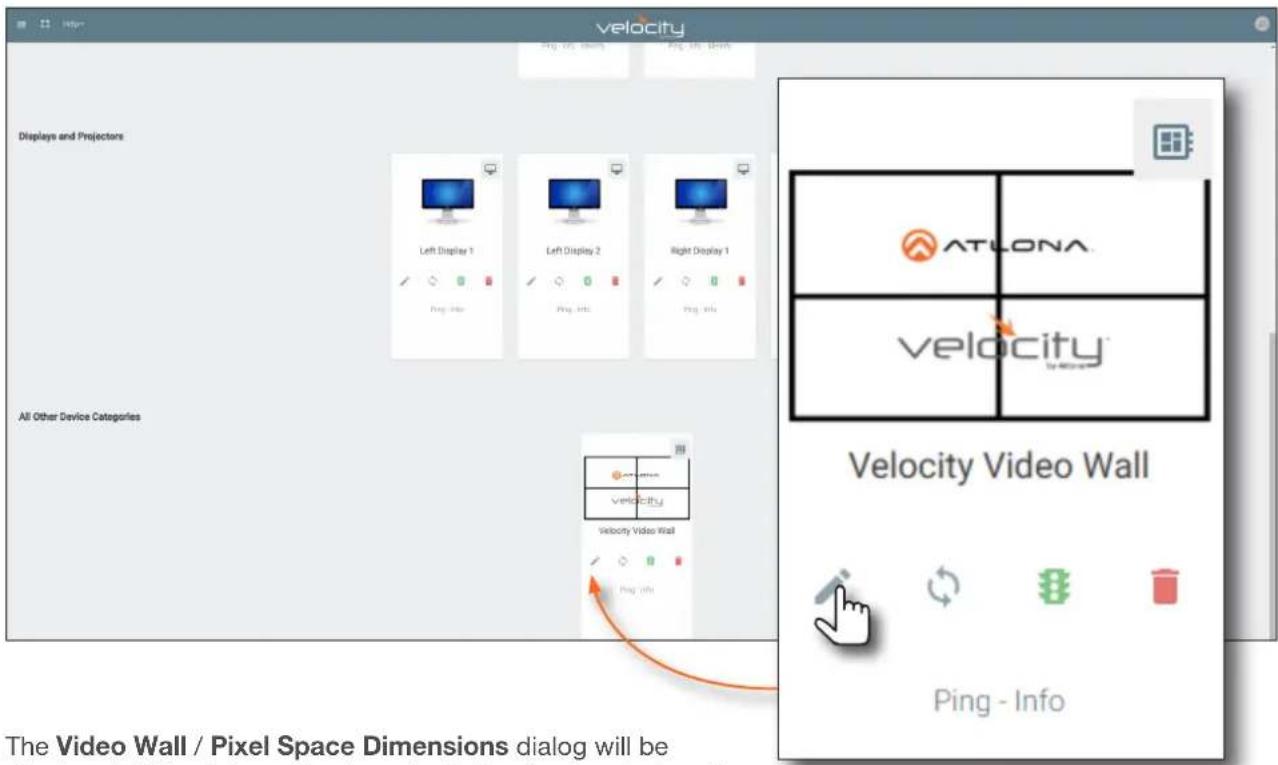 Velocity Displays and Projectors Left Display 1 Right Display 1 All Other Device Categories Velocity Video Wall Ping - Info The Video Wall / Pixel Space Dimensions dialog will be