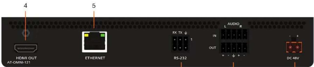 4 HDMI OUT AT-OMNI-121 5 ETHERNET RX TX RS-232 AUDIO L IN OUT + - + - DC 48V